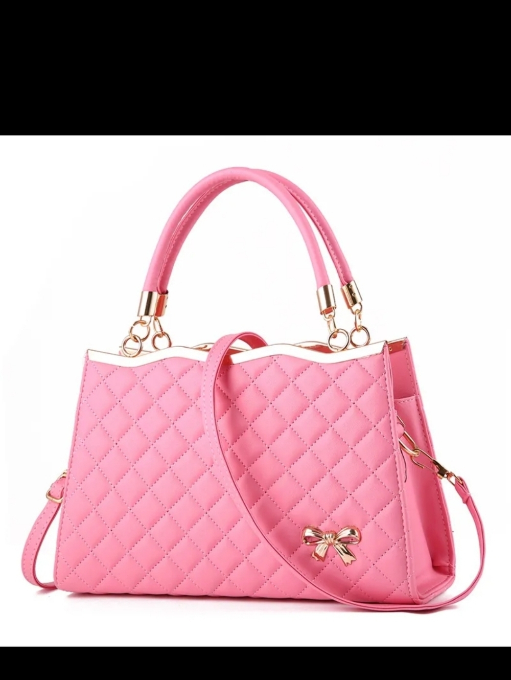 Pink Quilted Satchel Handbag with Gold Bow Accent